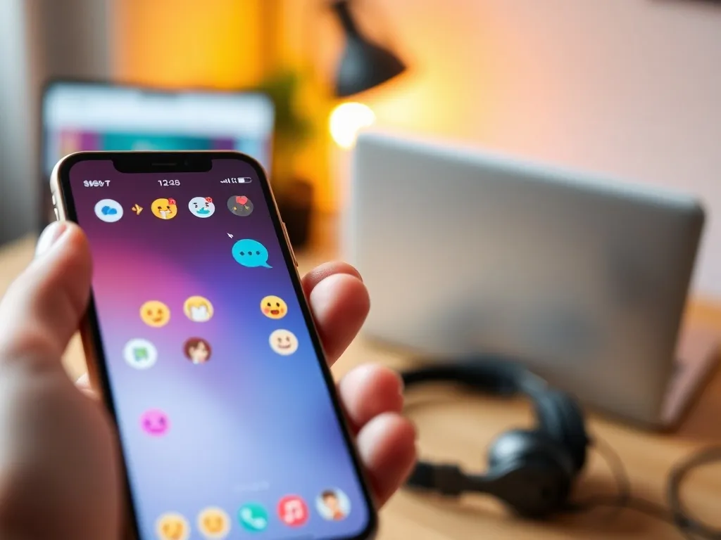 Osoba trzyma smartfon z kolorowym czatem i emotikonami, w tle przytulne biurko z laptopem i słuchawkami.
