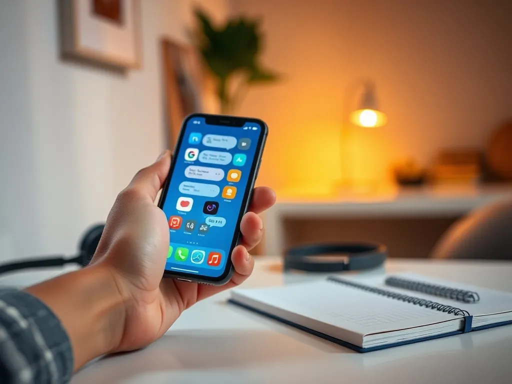 Nastolatek trzyma smartfon z kolorowymi dymkami czatu, symbolizując aktywność w mediach społecznościowych i młodzieżowy slang.