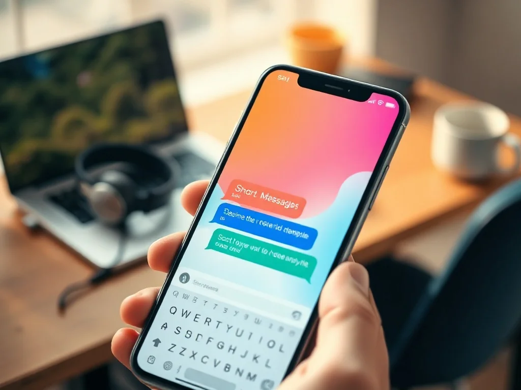 Smartfon z otwartym czatem, kolorowe dymki wiadomości na ekranie, w tle rozmyte biurko z laptopem i kubkiem kawy.