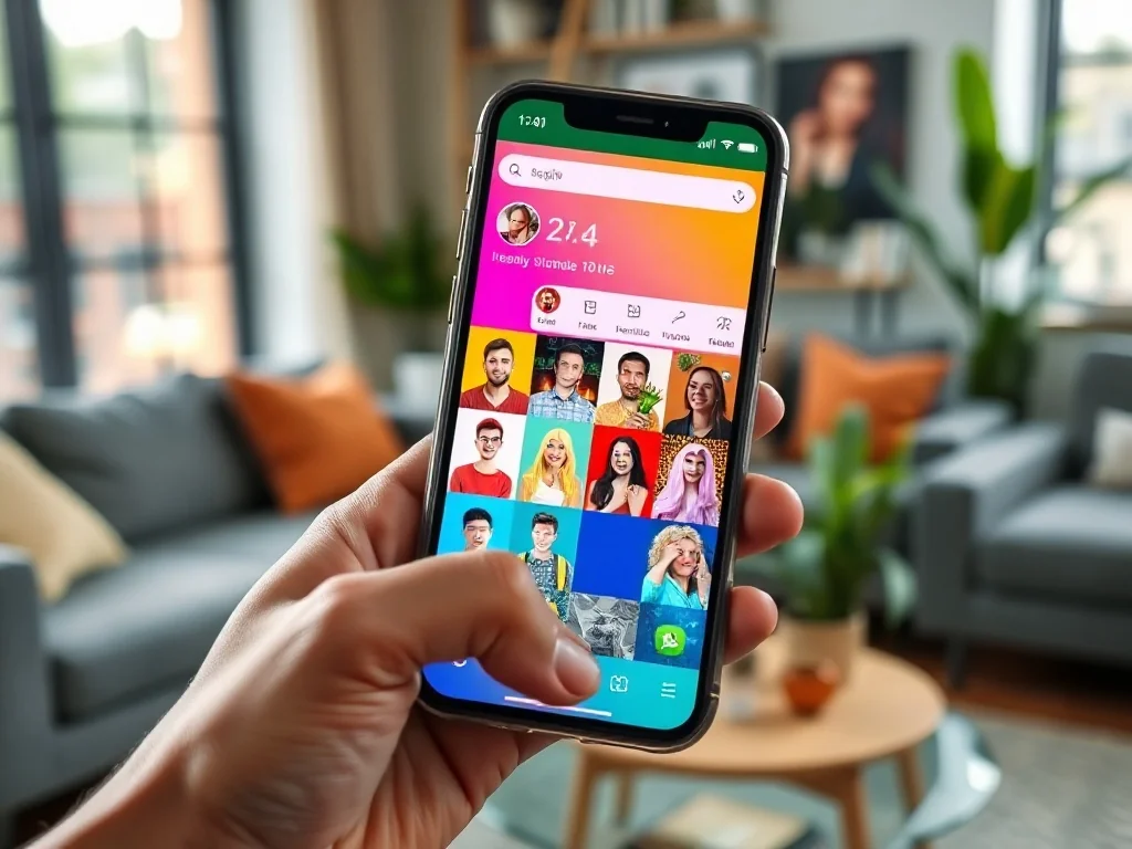 Smartfon z kolorowym feedem social mediów pełnym memów, trzymany w dłoni w przytulnym, rozmytym salonie.