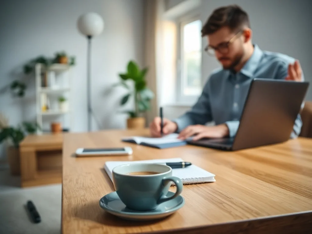 Skupiona osoba pracująca przy laptopie w minimalistycznym biurze domowym, symbolizująca postawę hustlera i determinację.