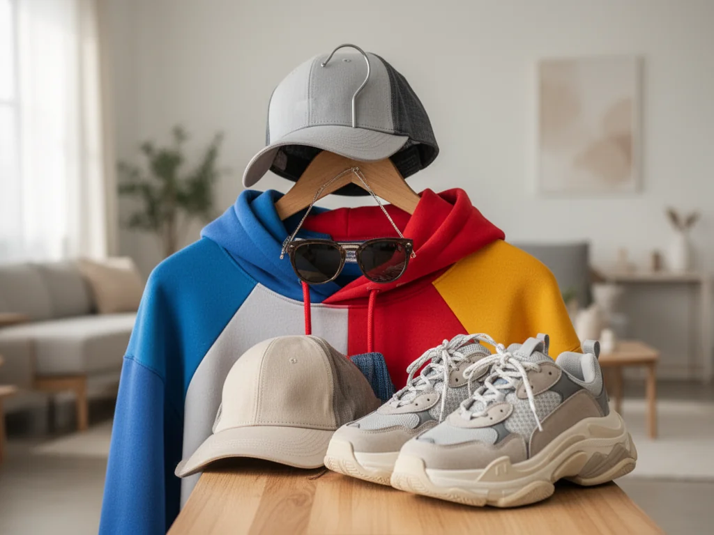 Stylowy unisex outfit z kolorową bluzą, czapką, okularami i sneakersami, wizualny przykład współczesnego „swagu”