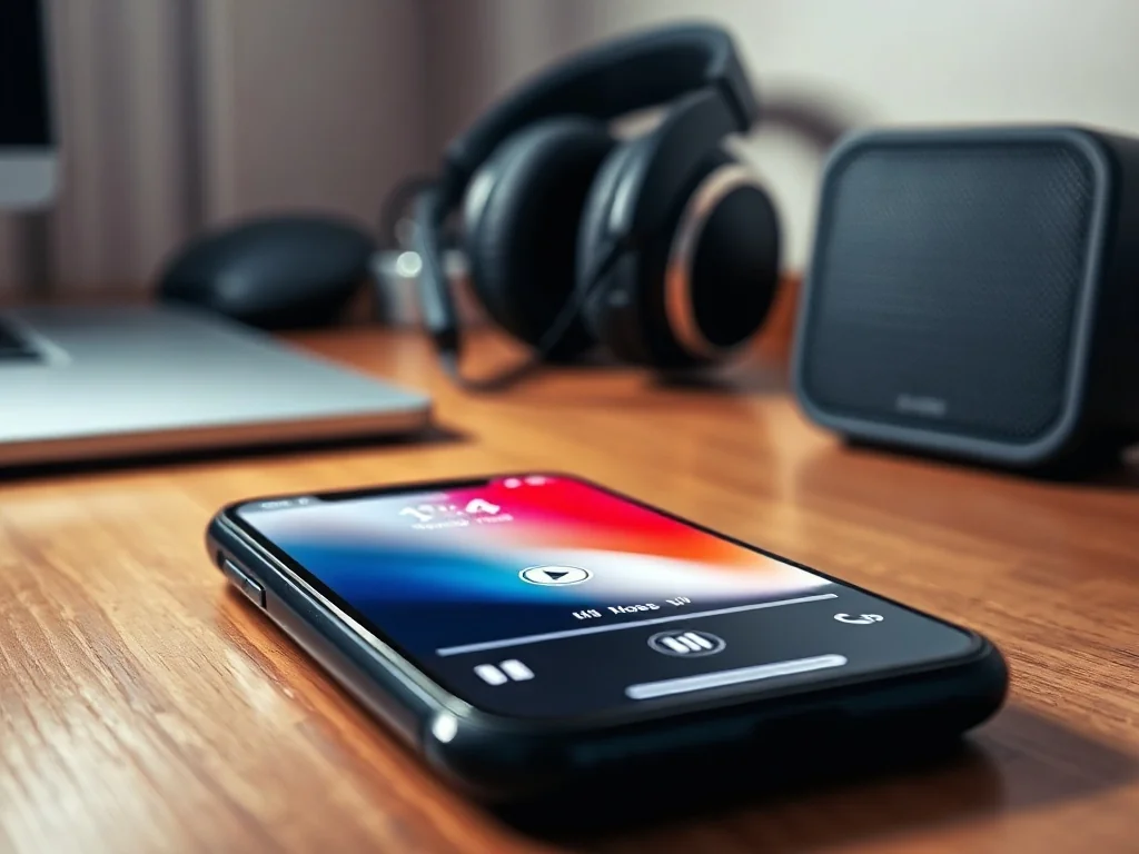 Smartfon z włączoną aplikacją muzyczną na biurku, w tle słuchawki i głośnik, klimat nowoczesnego słuchania bangerów