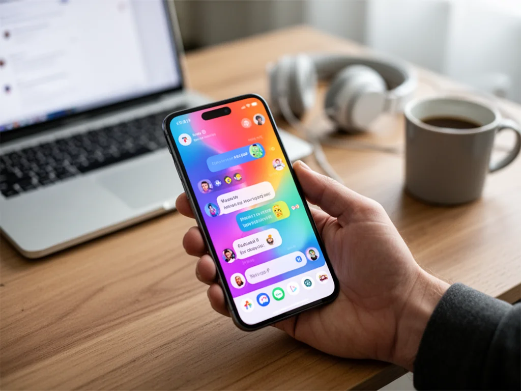 Smartfon z kolorową aplikacją czatu na biurku, symbolizujący internetową komunikację i używanie skrótów typu „nwm”
