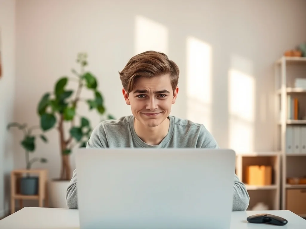 Młoda osoba krzywi się z zażenowaniem, patrząc w ekran laptopa, oddając uczucie cringe i niezręczności.
