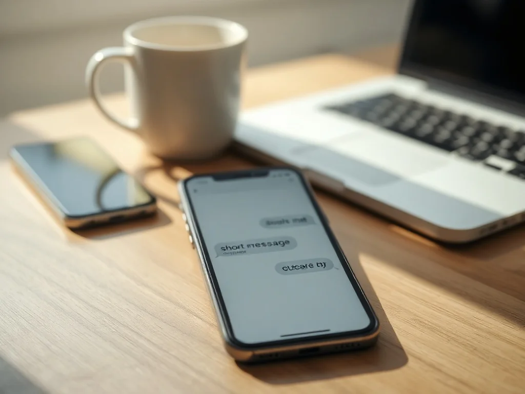 Smartfon z otwartym czatem na biurku, w tle laptop i kubek kawy, symboliczne nawiązanie do internetowych skrótów typu tbh.