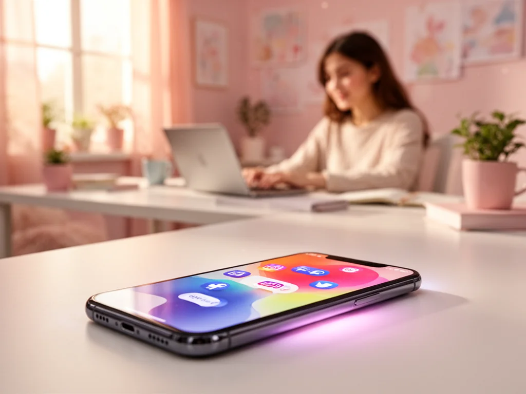 Smartfon z kolorowymi ikonami social mediów na biurku, w tle młoda kobieta przy laptopie w ciepłym, przytulnym pokoju.