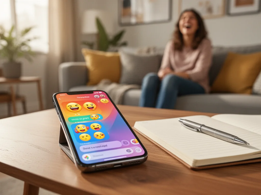 Smartfon z kolorowym czatem i emotikonami na stole, w tle rozmyta postać śmiejąca się na kanapie, luźna, zabawna atmosfera