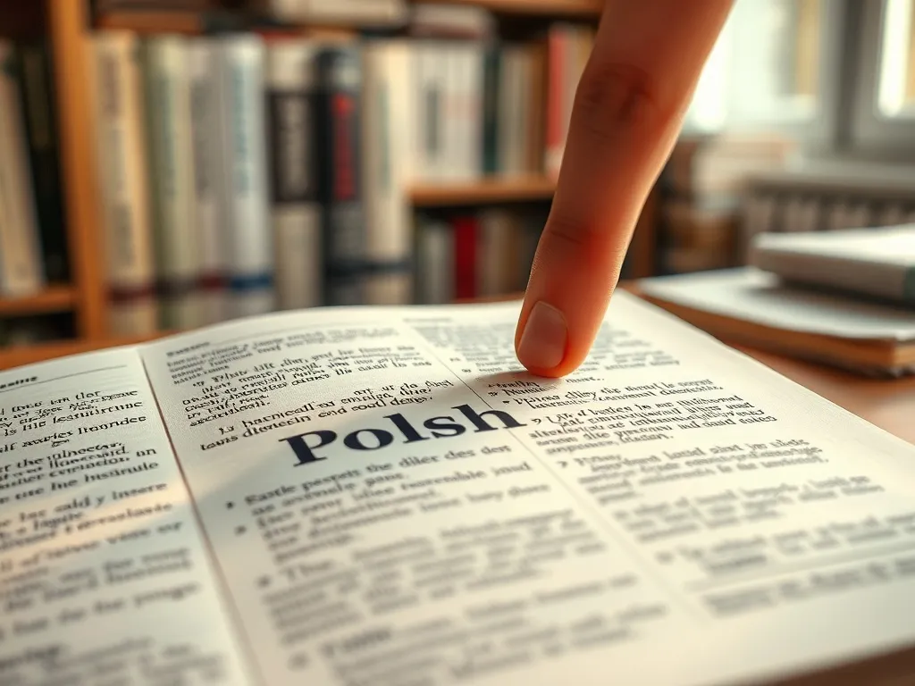 Palec wskazuje słowo w otwartym słowniku języka polskiego na biurku, w tle rozmyte książki i przytulne wnętrze.