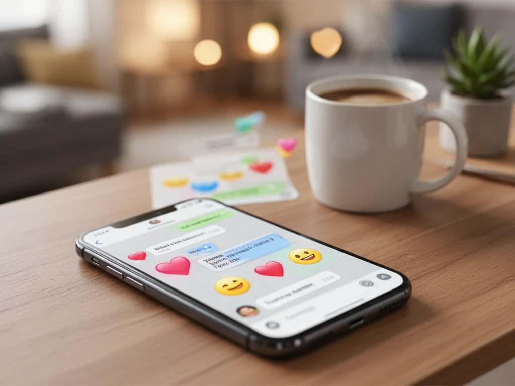 Smartfon z otwartym czatem pełnym serduszek i emotikonów na biurku, w tle przytulne wnętrze z kubkiem kawy.