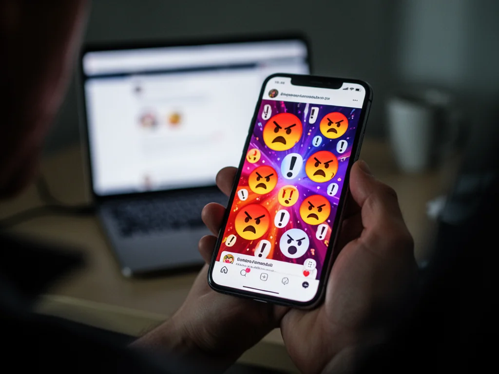 Osoba przegląda telefon z pełnym złości reakcji feedem social mediów, symbolizując internetowe konflikty i ragebait.