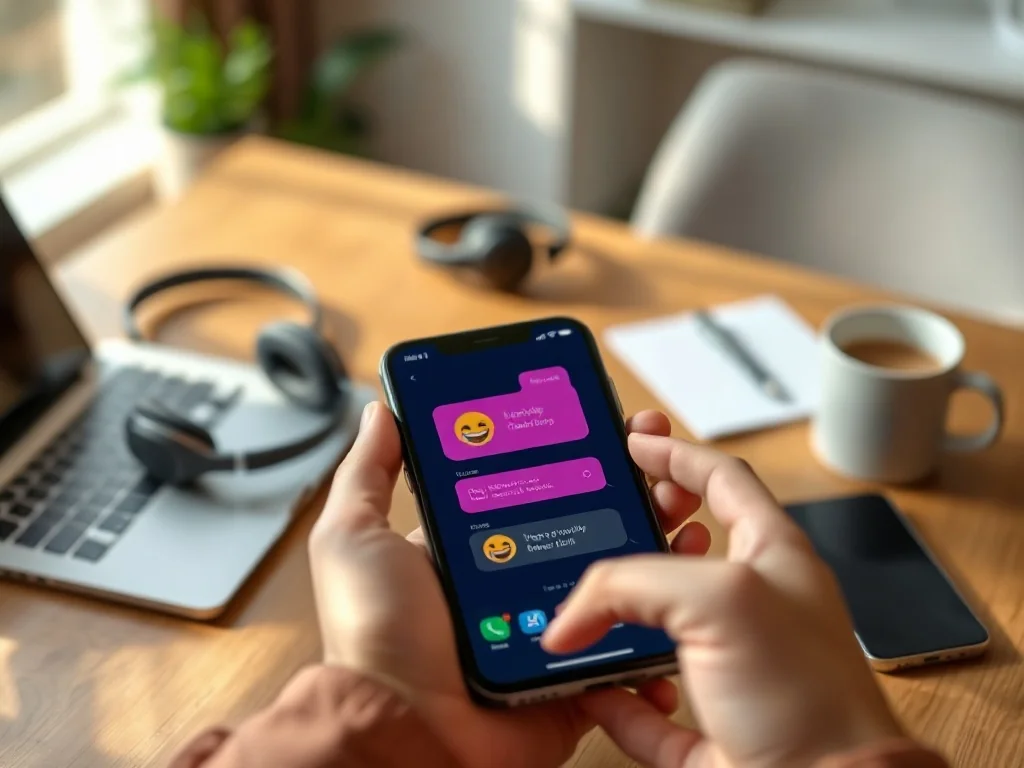 Smartfon z kolorowym czatem pełnym śmiejących się emoji, symbolizujący znaczenie internetowego skrótu „LMAO”.