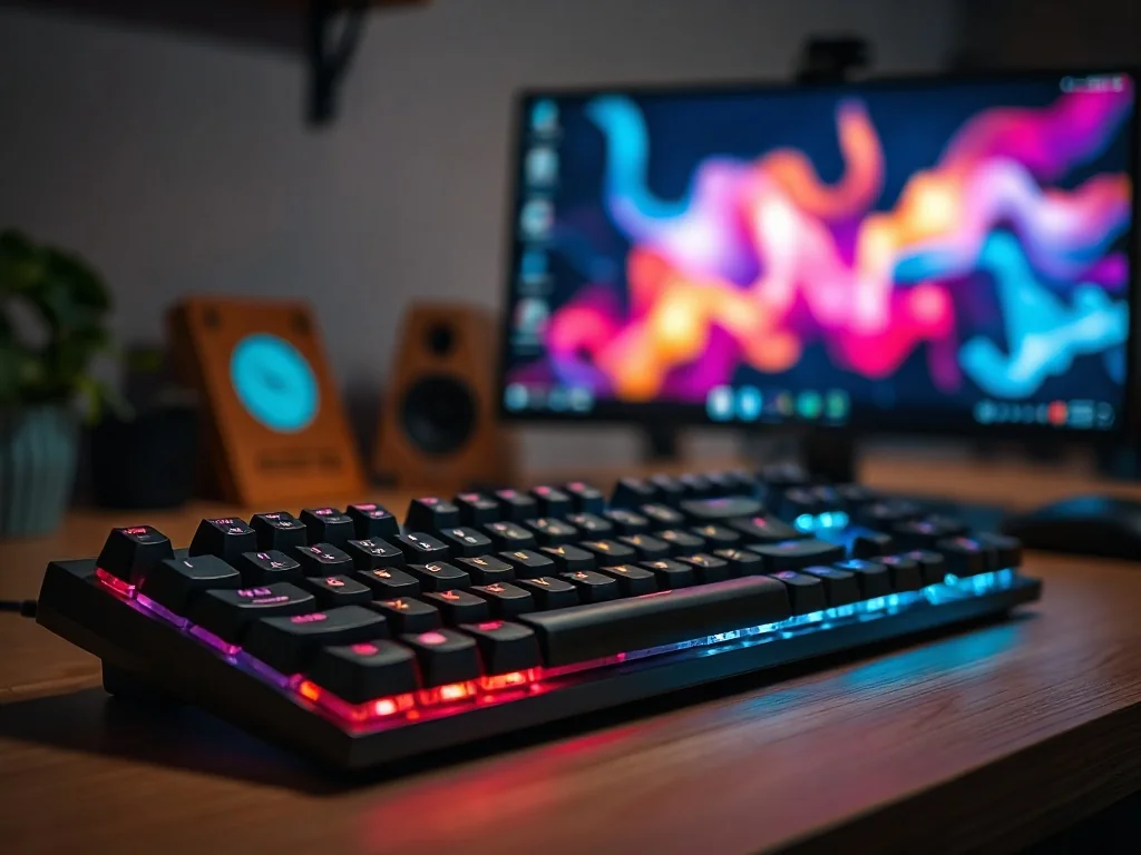 Ręka na podświetlonej klawiaturze RGB w przyciemnionym pokoju, symbolizująca kulturę cyfrową i slang internetowy 1337.