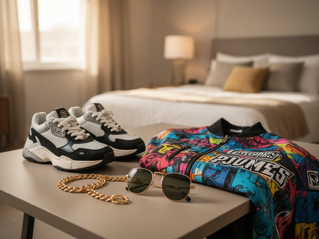 Modny streetwearowy zestaw z butami, łańcuchem i okularami, ilustrujący znaczenie i przykład słowa „drip”