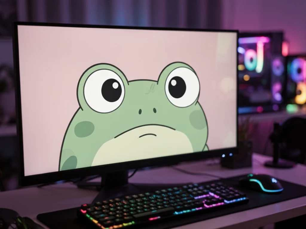 Zaniepokojona, kreskówkowa żaba MonkaS na ekranie komputera w przytulnym gamingowym setupie, nawiązanie do mema z Twitcha.