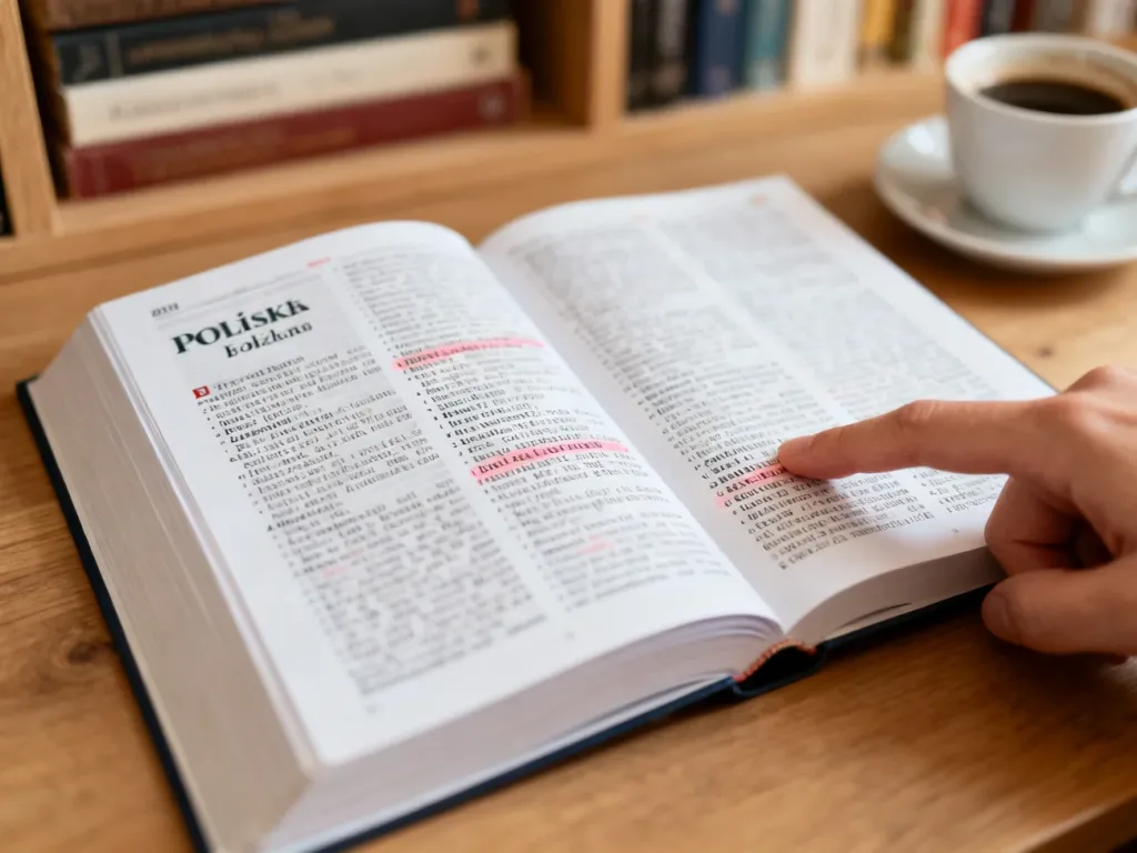 Palec wskazuje słowo w otwartym słowniku języka polskiego na biurku, w tle książki i kubek kawy.