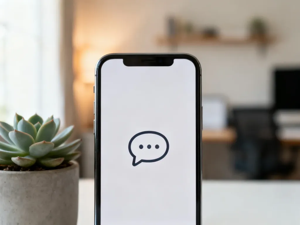 Nowoczesne biurko ze smartfonem, na którego ekranie widoczna jest ikona czatu, symbolizująca komunikację w internecie.