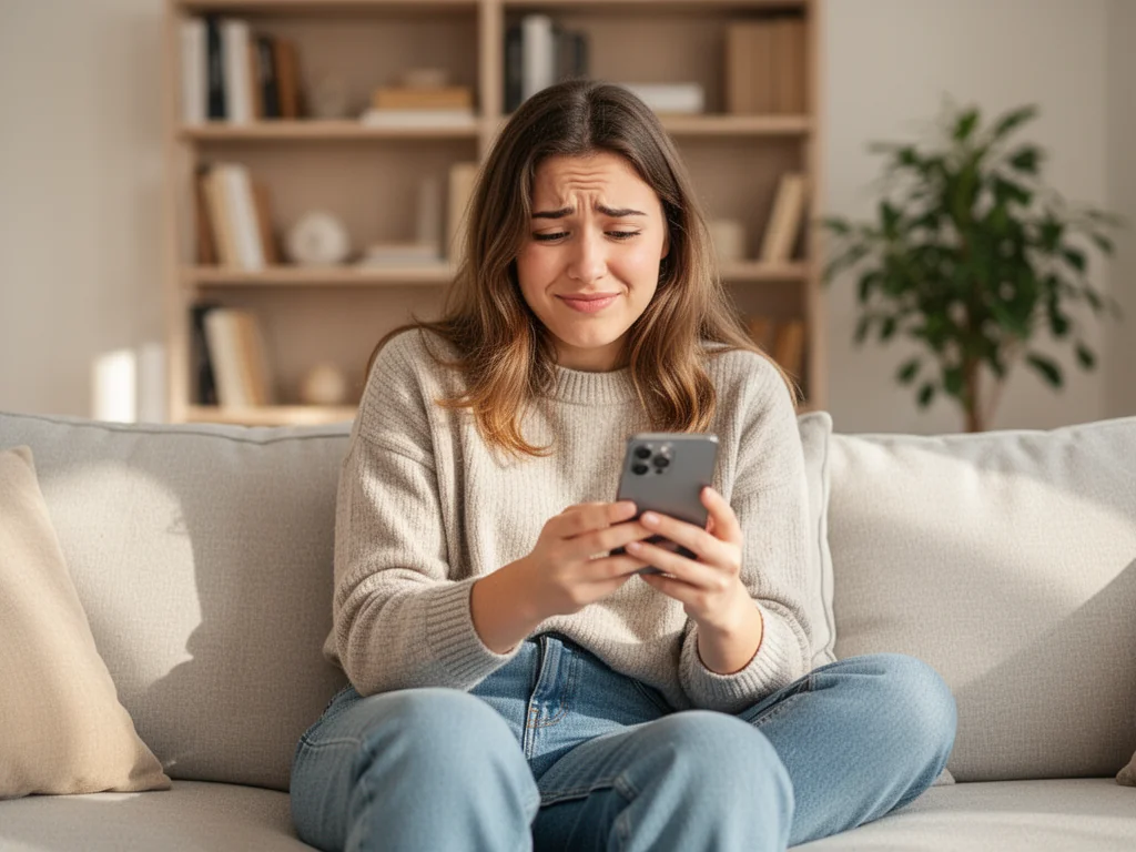 Młoda kobieta na kanapie patrzy z rozbawionym zdziwieniem w smartfon, ilustrując reakcję typu „nope”.