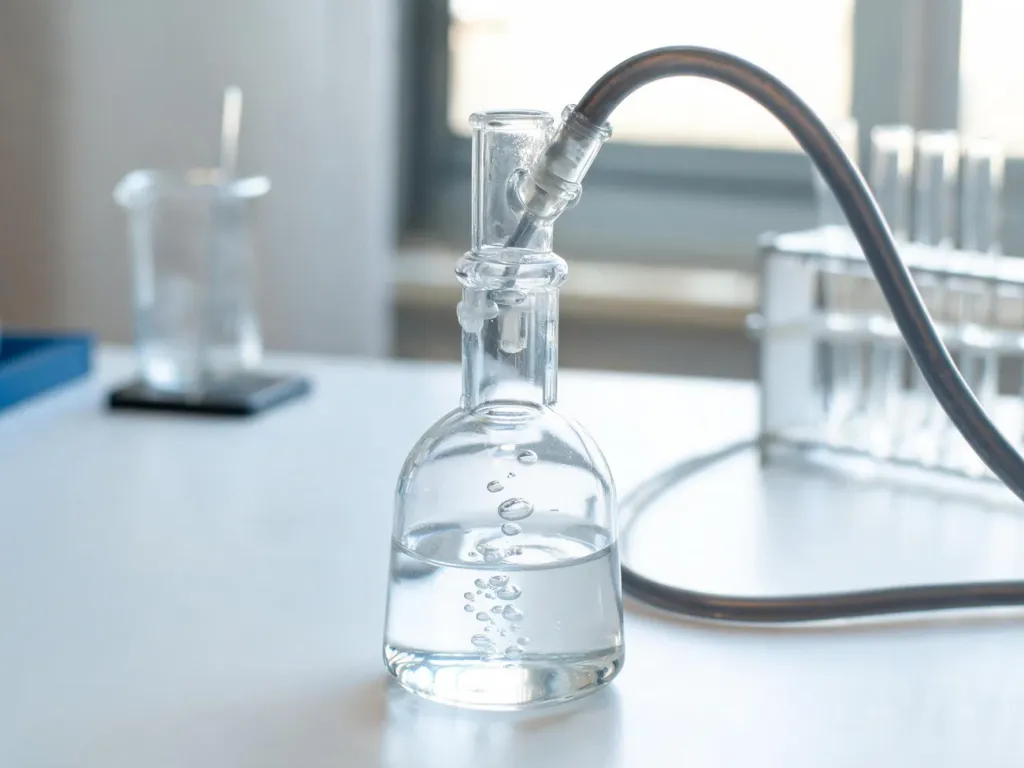 Szklany bulbulator z wodą i pęcherzykami powietrza na białym stole laboratoryjnym, w tle rozmyte szkło laboratoryjne.