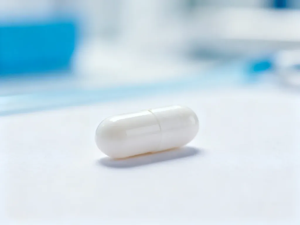 Pojedyncza biała czopka farmaceutyczna na sterylnym, białym podłożu w profesjonalnym ujęciu makro.