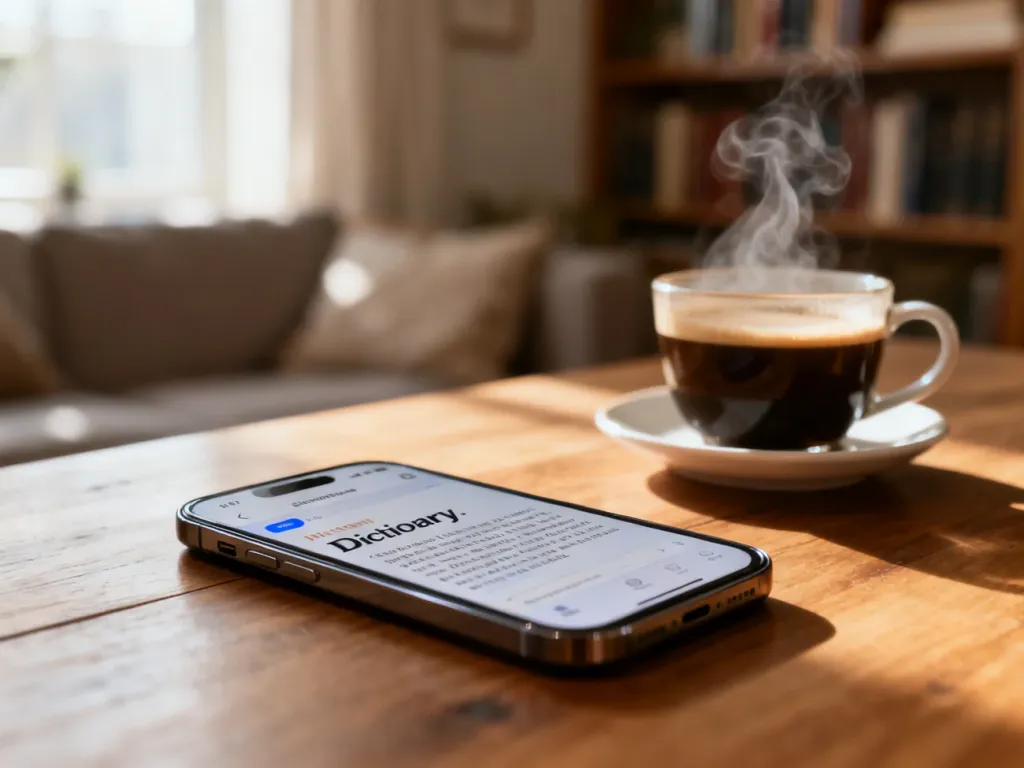 Zbliżenie telefonu z otwartym słownikiem na stole, w tle kawa i regał z książkami, przytulna atmosfera nauki słówek