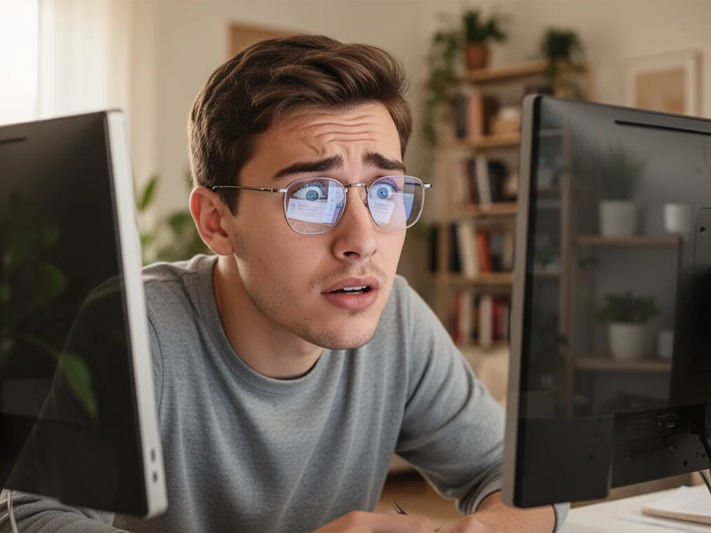 Młody mężczyzna przy biurku patrzy z zaciekawieniem w monitor, poznając znaczenie słowa „foliarz” w internecie.