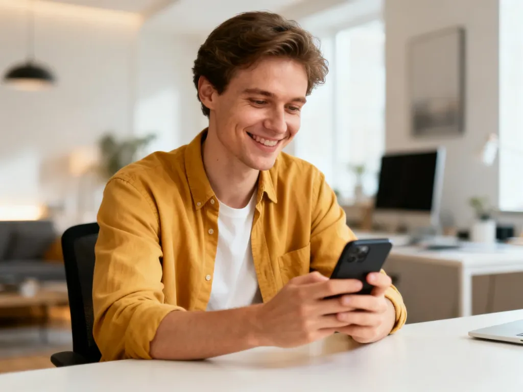 Osoba z uśmiechem przeglądająca smartfon przy minimalistycznym biurku w domowym biurze.