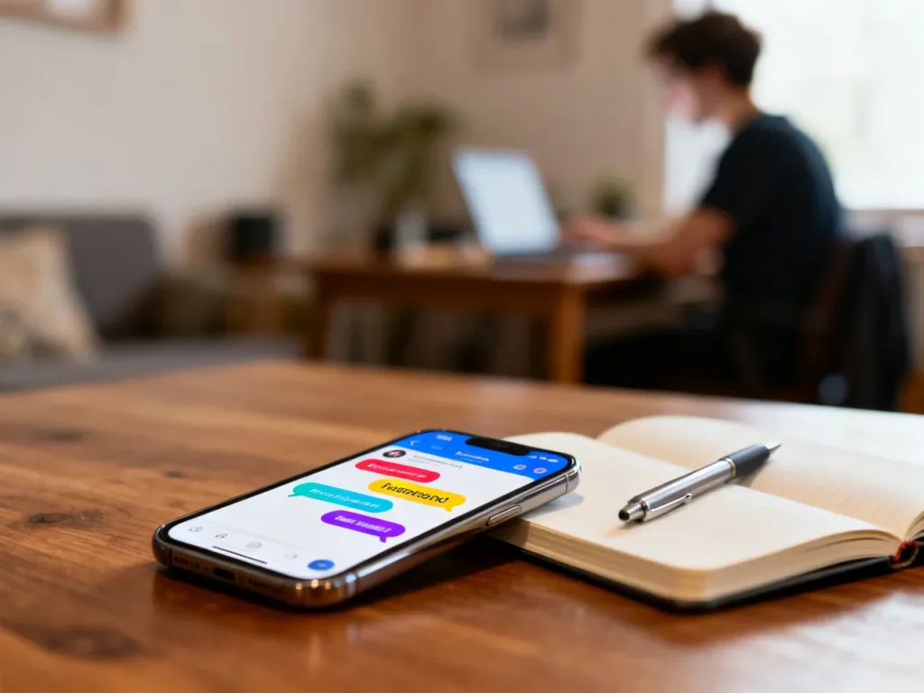 Smartfon z kolorowym czatem i wyróżnionym słowem obok notesu, w tle osoba przy laptopie w swobodnej, nowoczesnej atmosferze