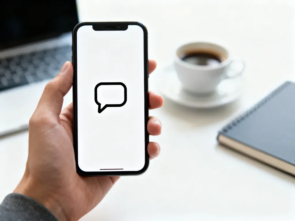 Dłoń trzymająca smartfon z ikoną dymka czatu na ekranie, symbolizująca komunikację w mediach społecznościowych.