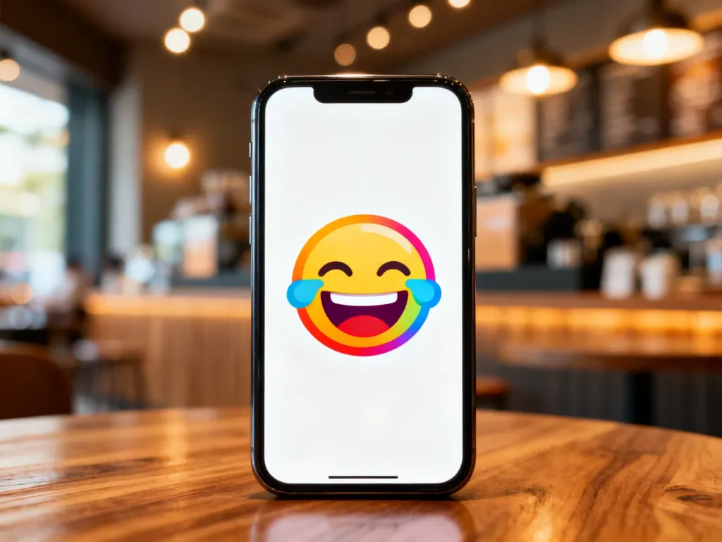 Kolorowa ikona śmiejącej się emotikony na ekranie smartfona, symbolizująca zabawę i internetowy slang.
