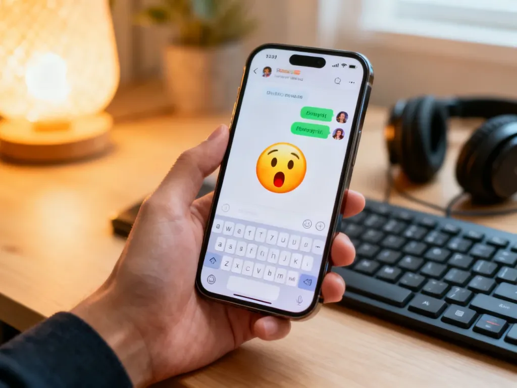 Smartfon z kolorową aplikacją czatu i zaskoczoną emotką, na biurku z klawiaturą, słuchawkami i ciepłym światłem lampki.