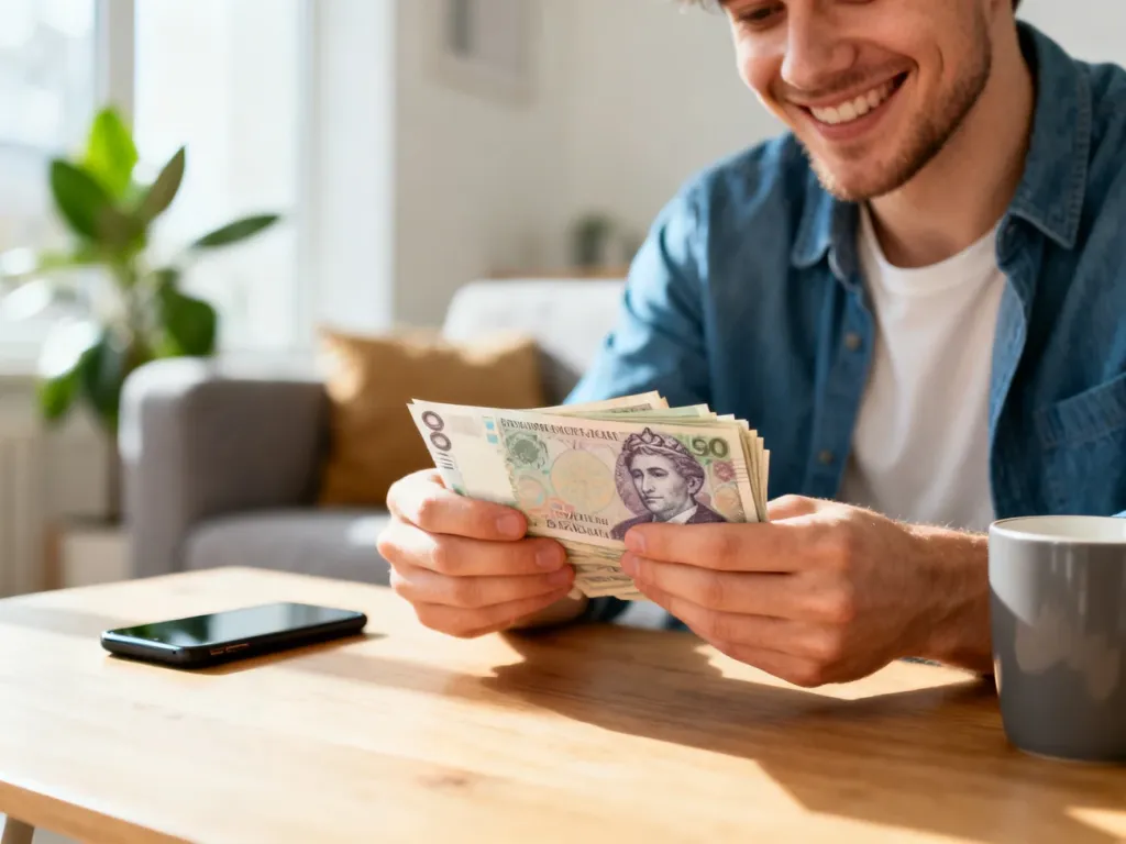 Uśmiechnięty młody mężczyzna liczy plik polskich banknotów przy stole, symbolizując potoczne znaczenie słowa „zarobas”.