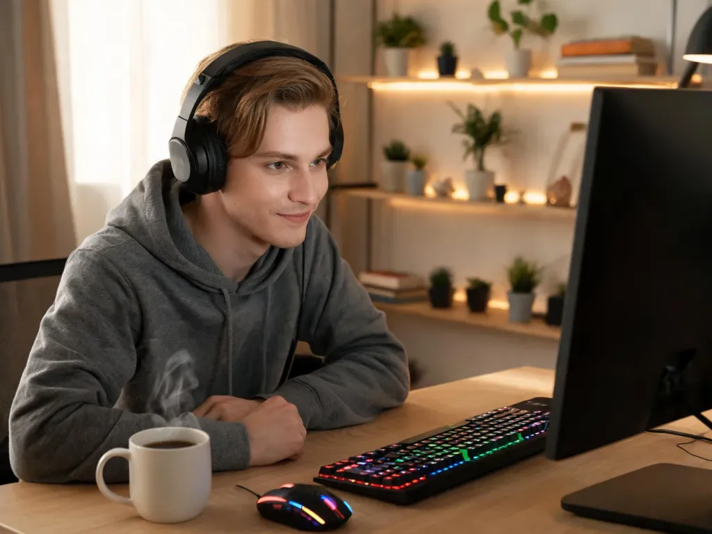 Młody gracz przy biurku z RGB klawiaturą, z ironicznym uśmiechem patrzy w monitor, popijając kawę w swobodnej atmosferze.