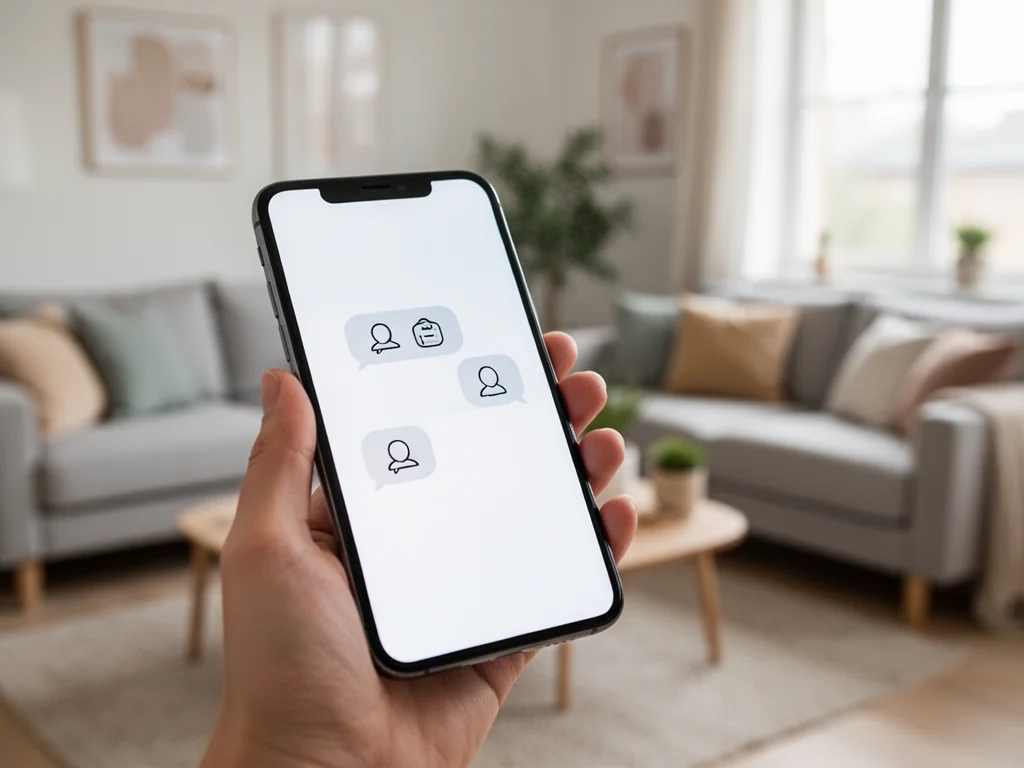 Młoda kobieta trzyma smartfon z prostym interfejsem czatu, ilustrując znaczenie skrótu IDC w komunikacji online.