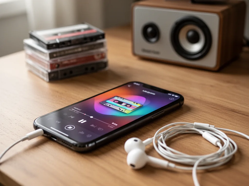 Smartfon z odtwarzaczem muzyki i ikoną kasety obok słuchawek, w tle rozmazane retro kasety i głośnik na biurku