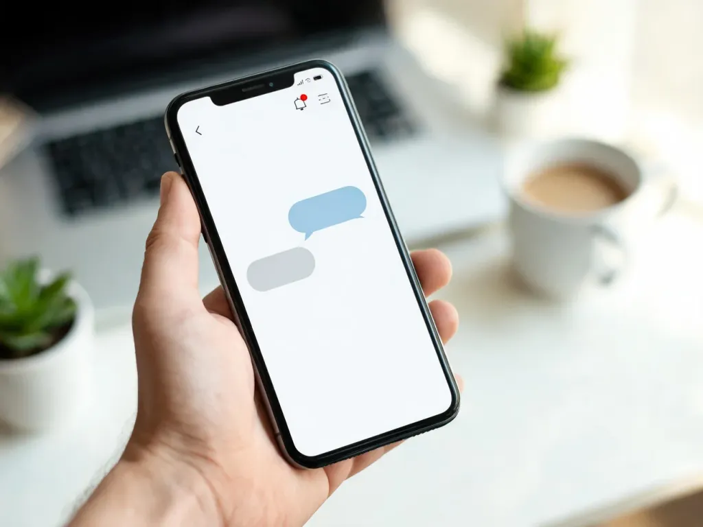 Smartfon z otwartą aplikacją społecznościową, powiadomieniami i czatem, na tle biurka, symbolizujący korzystanie z IG.