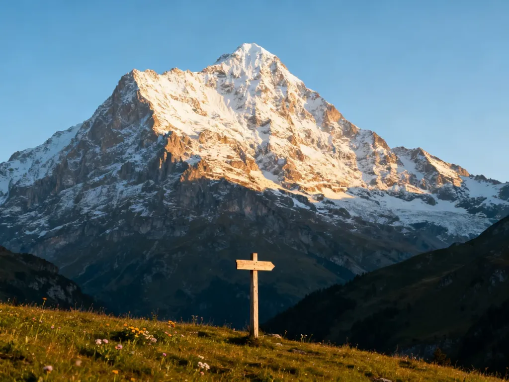 Ośnieżony szczyt górski w świetle zachodzącego słońca oraz drewniany drogowskaz na alpejskiej łące.