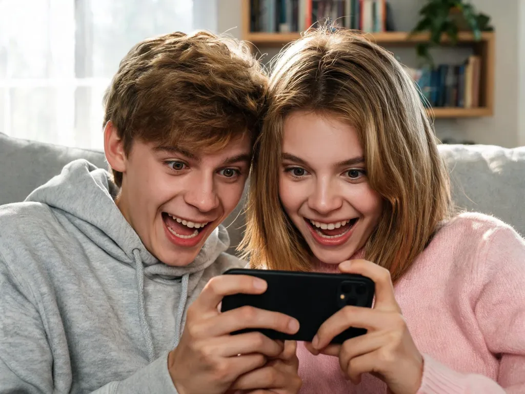 Nastolatkowie na kanapie śmieją się, patrząc w smartfon, ilustrując młodzieżowy slang „bruh” w codziennej sytuacji