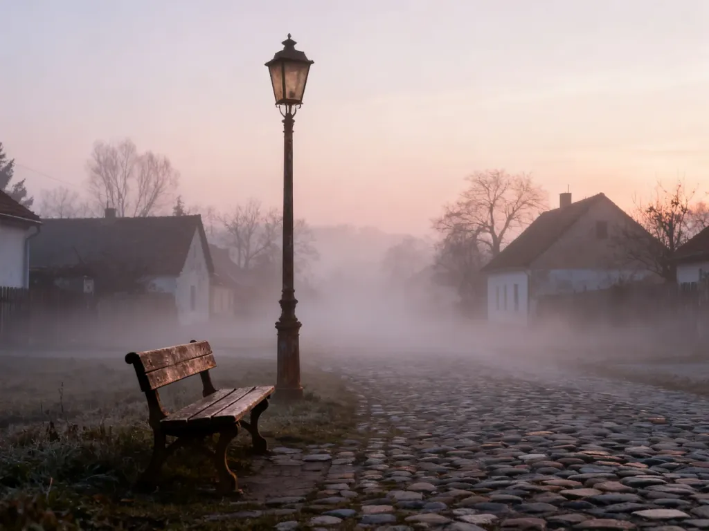 Spowita lekką mgłą wiejska uliczka o świcie, z samotną ławką i latarnią, tworząca cichy, omkły nastrój nostalgii.