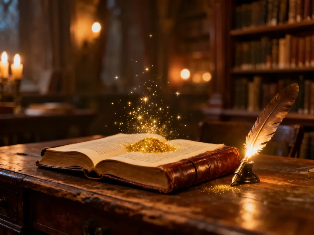Otwarta, zabytkowa księga z magicznym piórem i złotym pyłem na drewnianym biurku, przywołująca klimat tworzenia baśni.