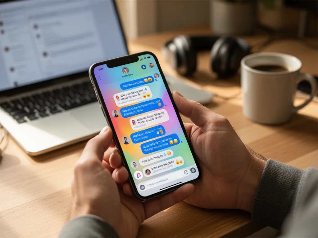 Smartfon z kolorowym czatem na ekranie na biurku, symbolizujący internetowe rozmowy i użycie skrótów typu „W8”.
