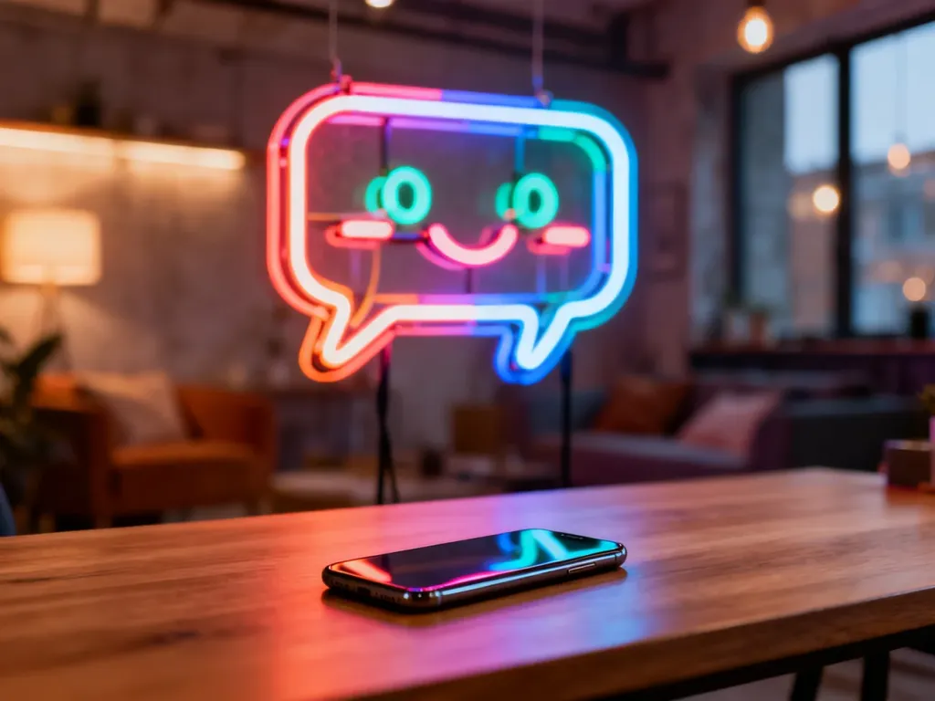 Neonowy znak w kształcie dymka nad smartfonem na biurku, symbolizujący nowoczesną komunikację i zwrot „yo”.