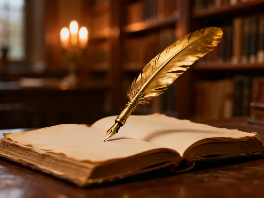 Złote pióro na otwartym notatniku w klimatycznej bibliotece, nawiązujące do sztuki pisania i epickich opowieści.