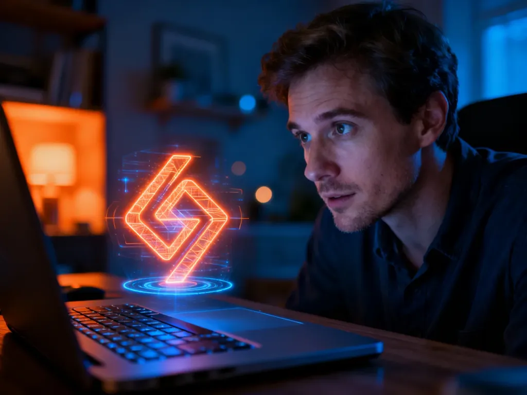 Mężczyzna z zaciekawieniem patrzy na świecący, holograficzny symbol unoszący się nad klawiaturą laptopa.