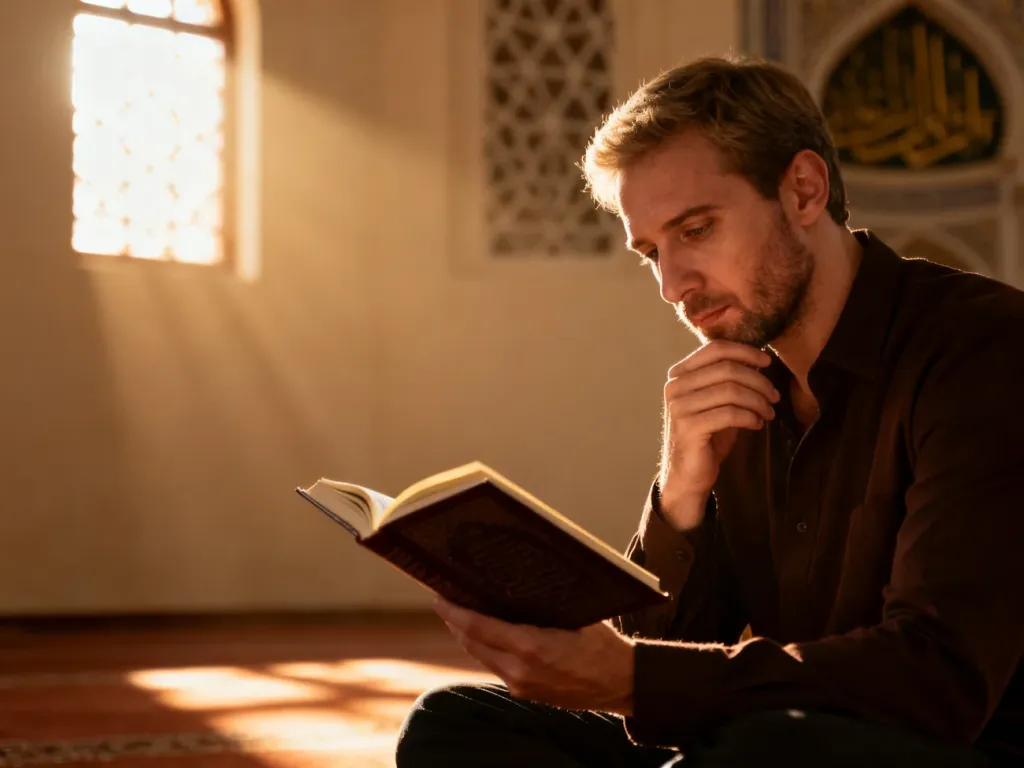 Mężczyzna czytający książkę w spokojnym, minimalistycznym wnętrzu z akcentami architektury inspirowanej islamem.