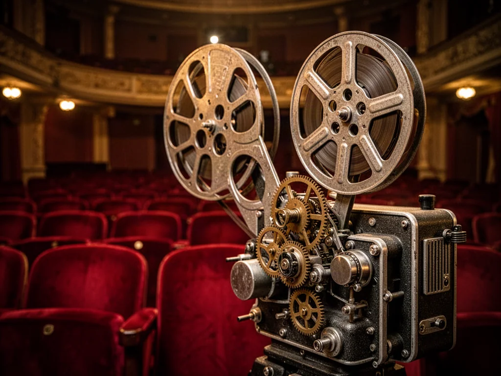 Zabytkowy projektor filmowy na tle klimatycznej sali kinowej z czerwonymi fotelami, oddający nostalgię za dawnym kinem.