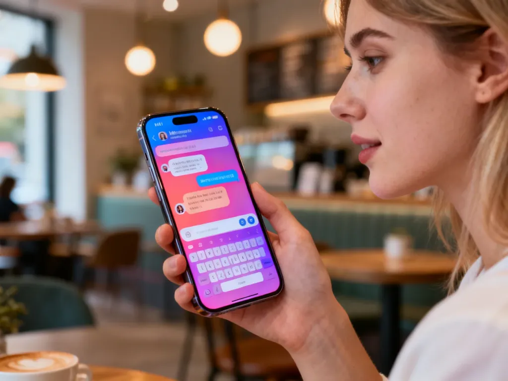 Kobieta trzymająca smartfon z otwartą aplikacją do komunikacji w przytulnej kawiarni.
