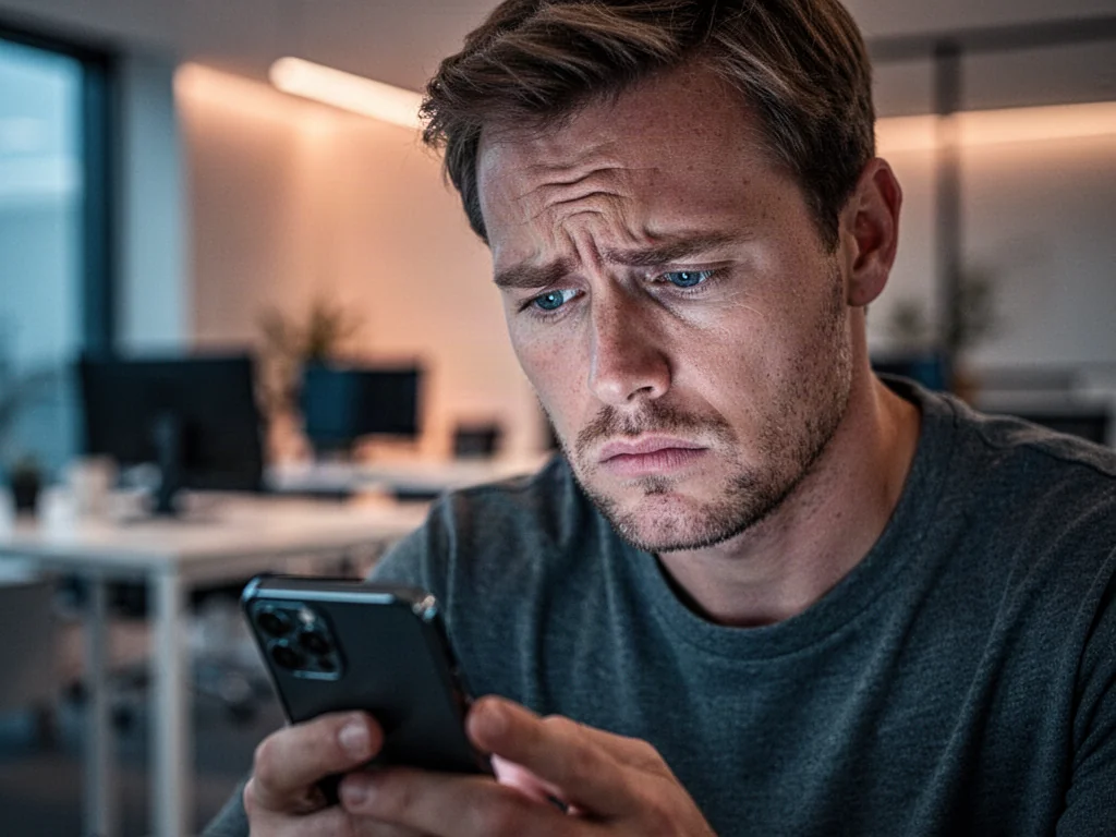 Mężczyzna z wyrazem rozczarowania patrzy na ekran smartfona w nowoczesnym biurze.