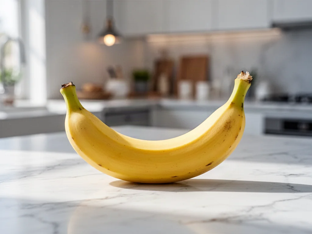 Żółty banan leżący na marmurowym blacie kuchennym w nowoczesnym, jasnym wnętrzu.