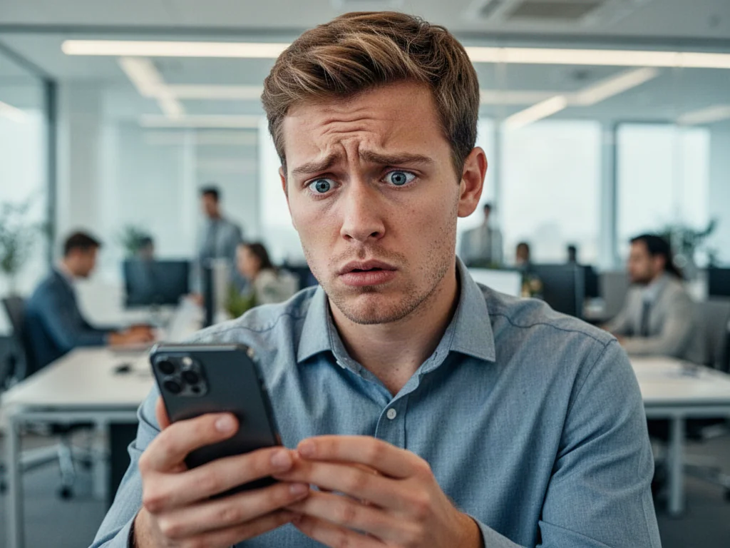 Młody mężczyzna w biurze zdezorientowany patrzy na ekran smartfona, co ilustruje niezrozumienie nowego slangu.